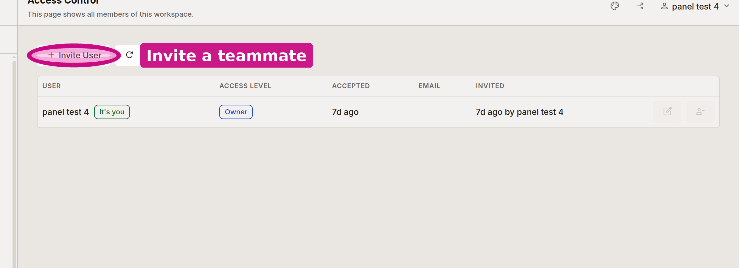 The Access Control page with the Invite User button circled
