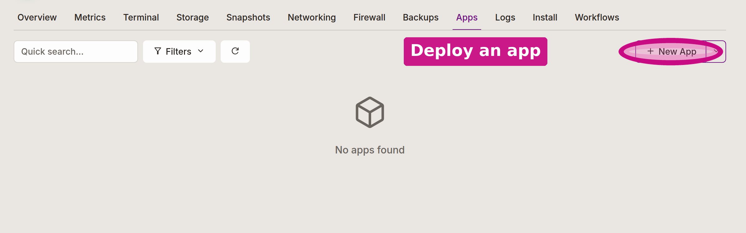 An instance Apps tab with the New App button circled
