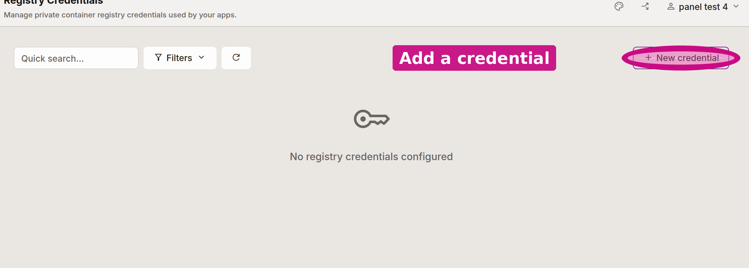 The Registry Credentials page with the New credential button circled
