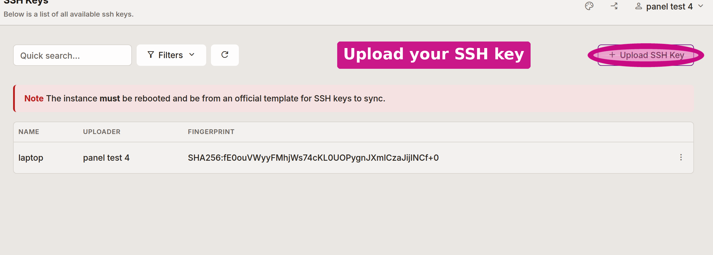 The SSH Keys page in the panel with the Upload SSH Key button circled
