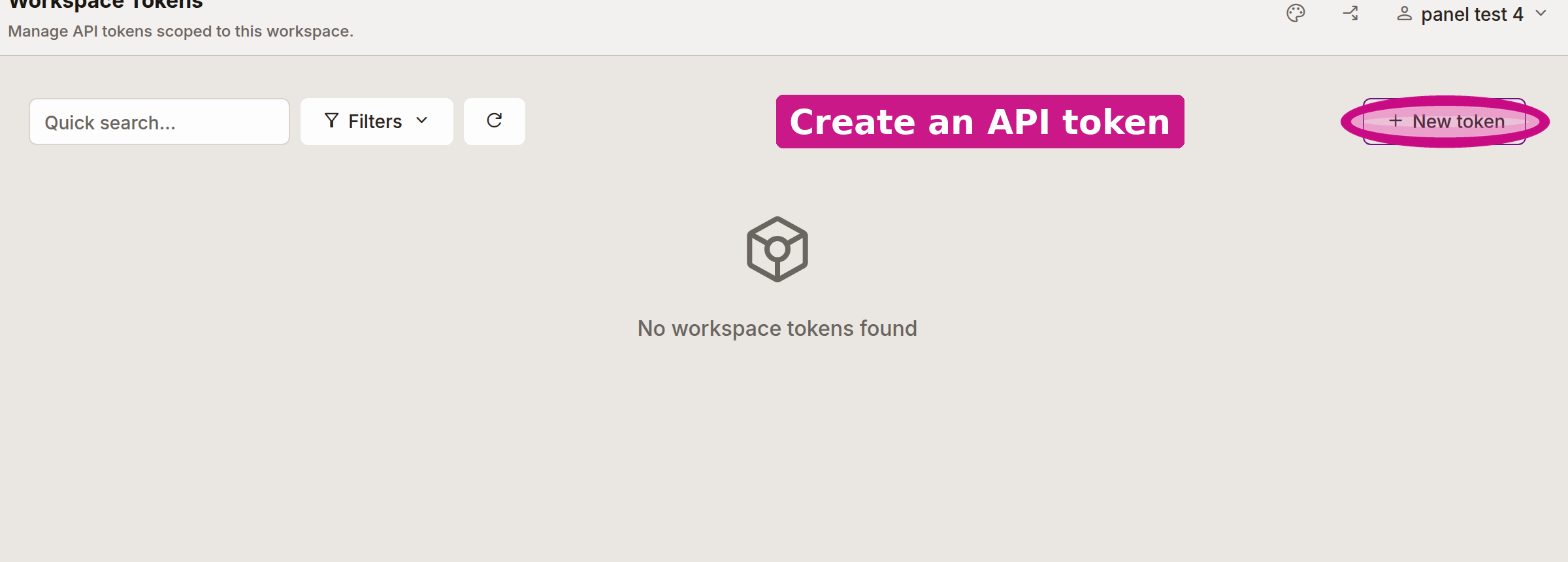 The Tokens page with the New token button circled